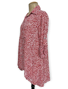 Red & White Deco Waves Button Up Hi-Low Blouse