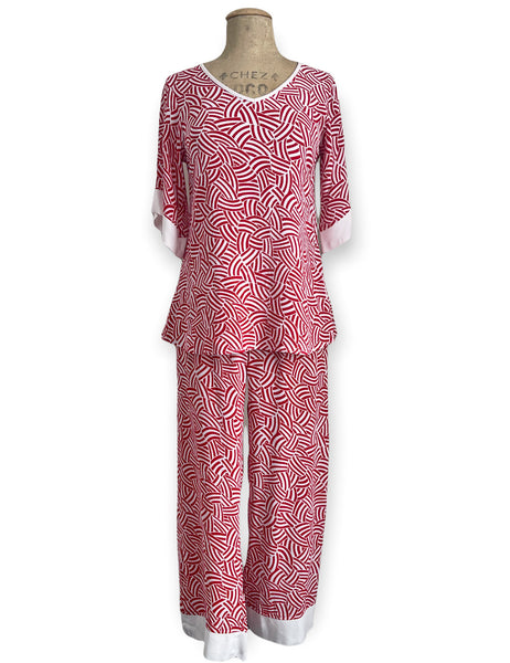 FINAL SALE - Red & White Deco Waves 1930s Inspired V-Neck Kimono Top