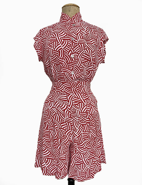 Red Deco Waves Button Up Tea Timer Top