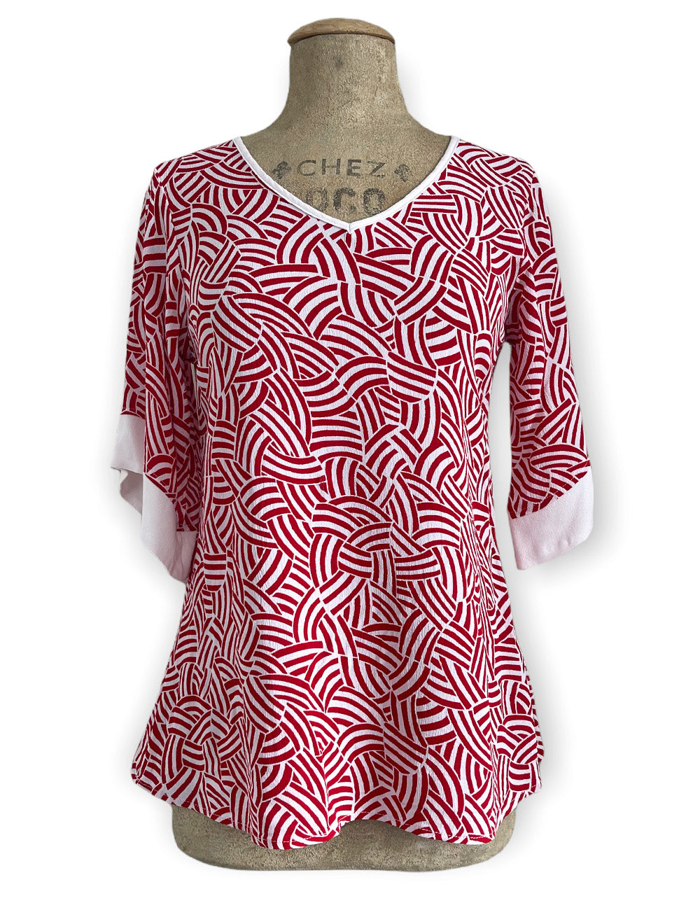 FINAL SALE - Red & White Deco Waves 1930s Inspired V-Neck Kimono Top