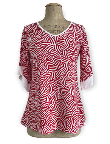 Red & White Deco Waves 1930s Inspired V-Neck Kimono Top