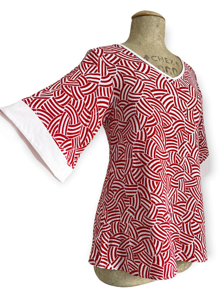 FINAL SALE - Red & White Deco Waves 1930s Inspired V-Neck Kimono Top