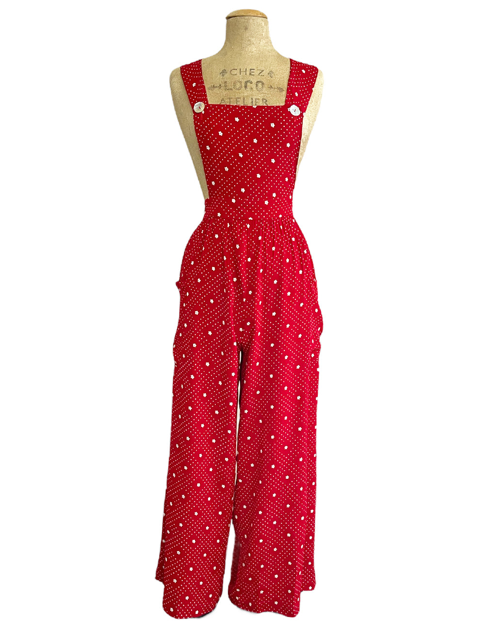Red Floral Dot 1940s Retro Rosie Bib Overalls