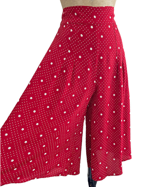 Red Floral Dot High Waisted Wide Leg Retro Culottes