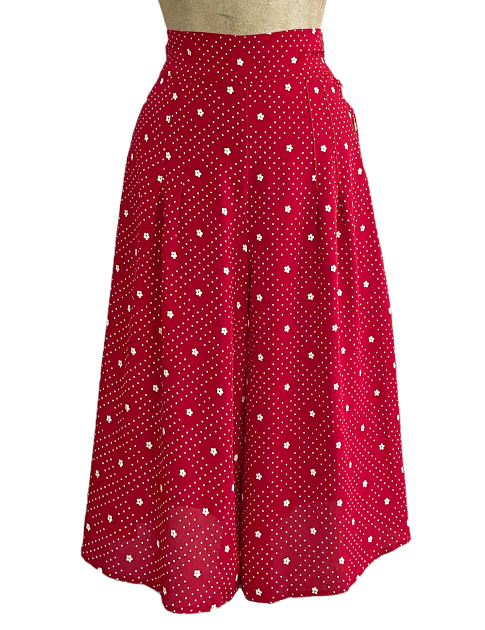 Red Floral Dot High Waisted Wide Leg Retro Culottes