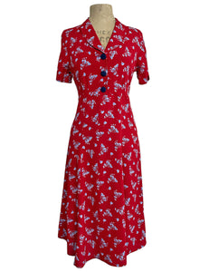 Red & Blue Floral 1940s Style Vintage Day Dress