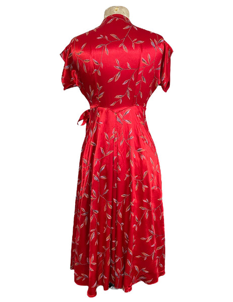 FINAL SALE - 1940s Inspired Red Printed Satin Cascade Wrap Dress