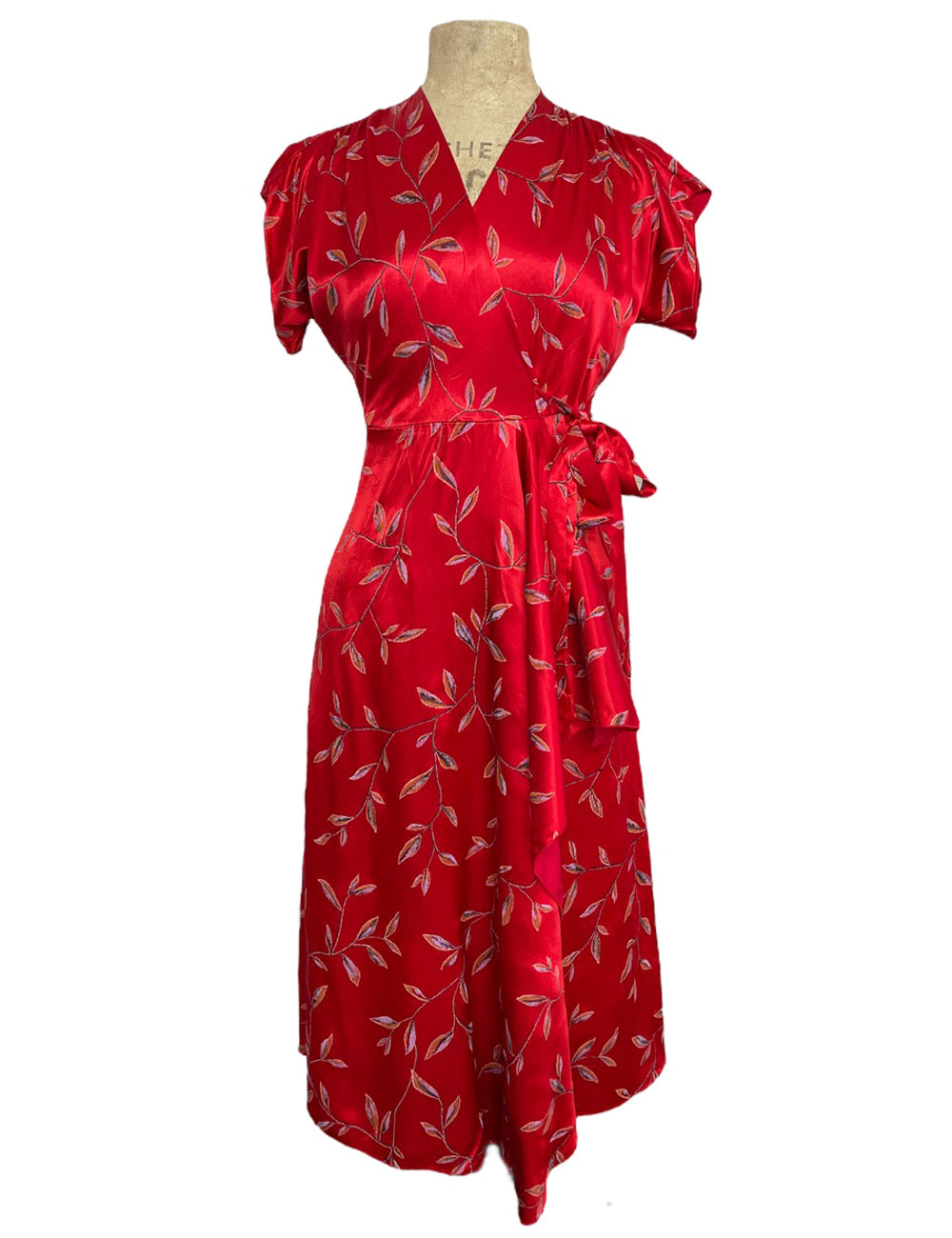FINAL SALE - 1940s Inspired Red Printed Satin Cascade Wrap Dress