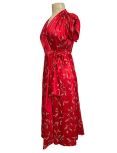 FINAL SALE - 1940s Inspired Red Printed Satin Cascade Wrap Dress