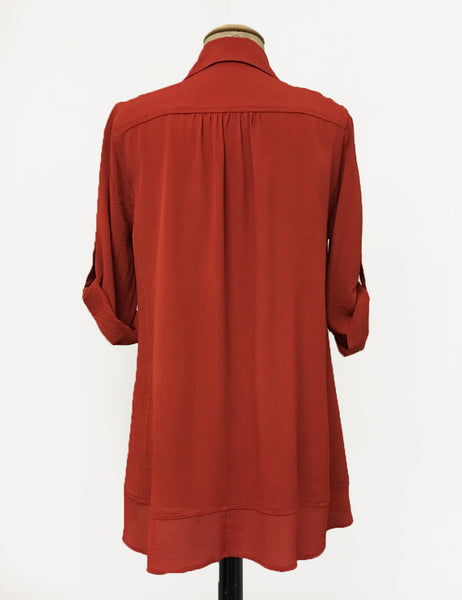 Solid Rust Red Hi-Low Button Up Collared Blouse - FINAL SALE