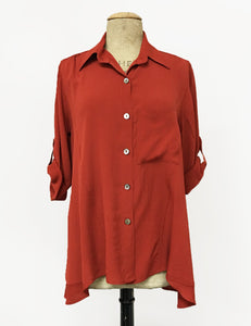 Solid Rust Red Hi-Low Button Up Collared Blouse - FINAL SALE