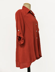 Solid Rust Red Hi-Low Button Up Collared Blouse - FINAL SALE