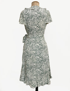 Green & Ivory Zebra Print Retro Ruffle Wrap Dress