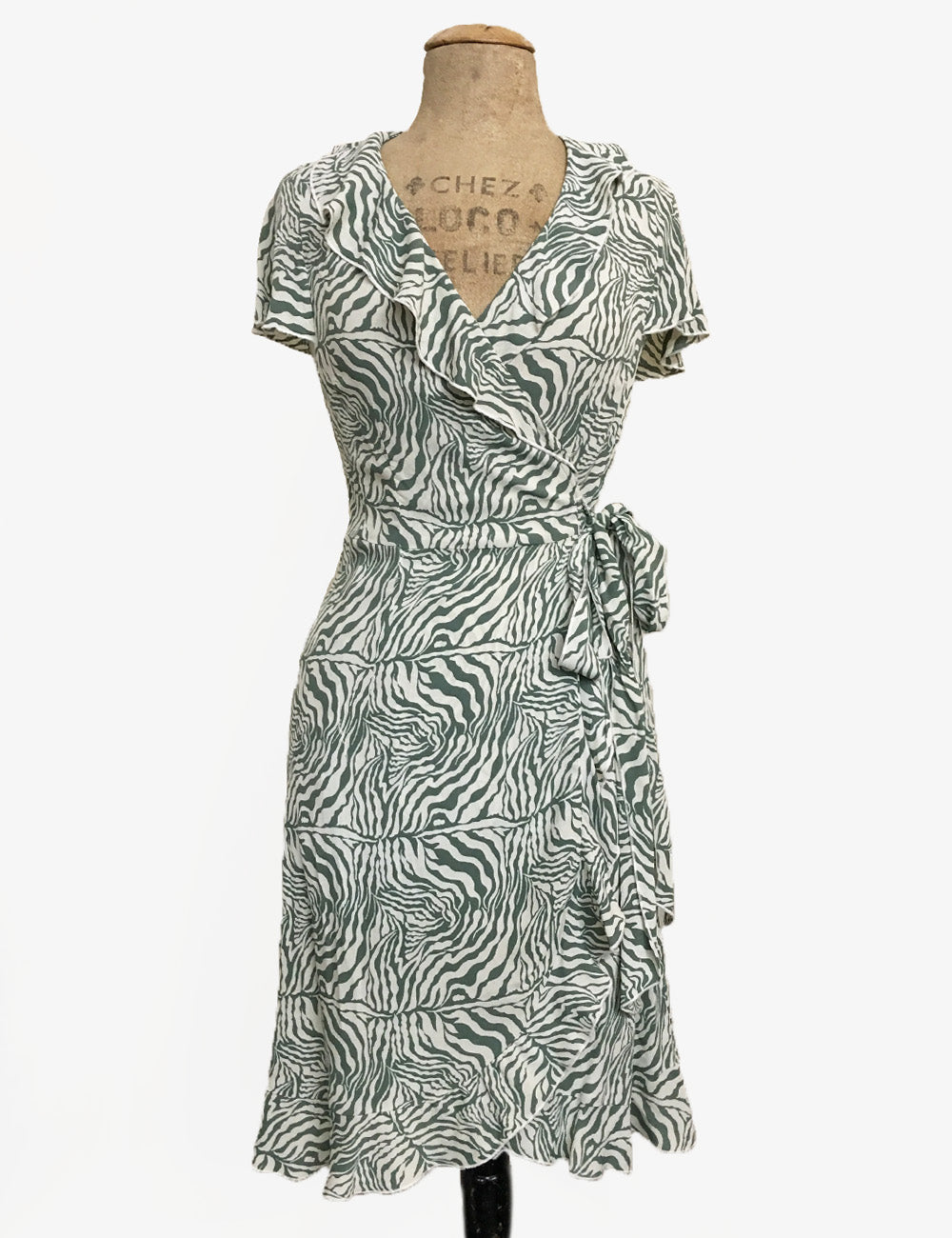 Green & Ivory Zebra Print Retro Ruffle Wrap Dress