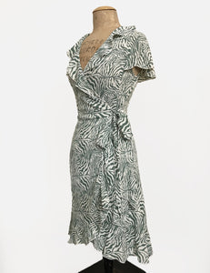 Green & Ivory Zebra Print Retro Ruffle Wrap Dress
