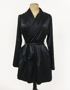 Solid Black Elegant Satin Shawl Collar Kimono Robe