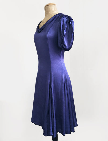 Slate Blue Satin 1930s Venice Beach Balboa Swing Dress