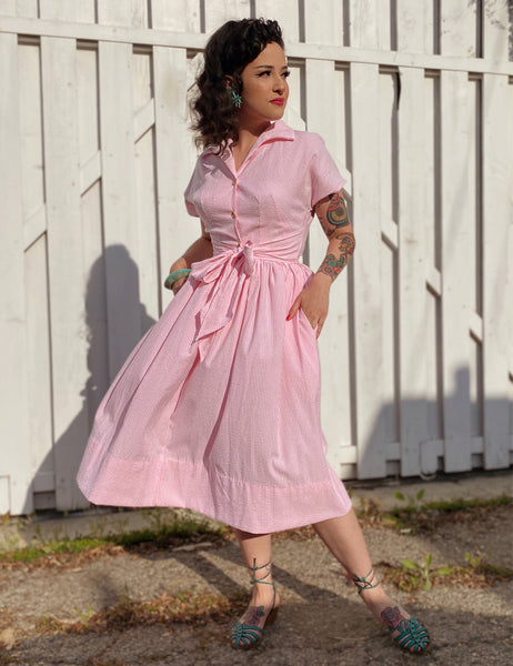 FINAL SALE - Scout for Loco Lindo 1940s Style Pink Seersucker Willow Dress