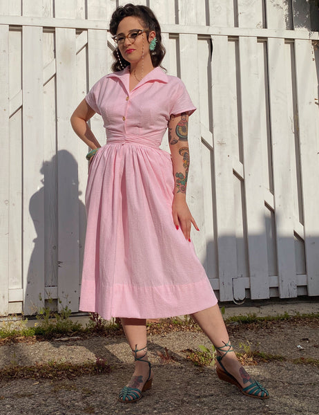 FINAL SALE - Scout for Loco Lindo 1940s Style Pink Seersucker Willow Dress
