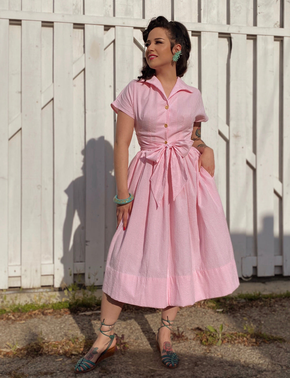 FINAL SALE - Scout for Loco Lindo 1940s Style Pink Seersucker Willow Dress