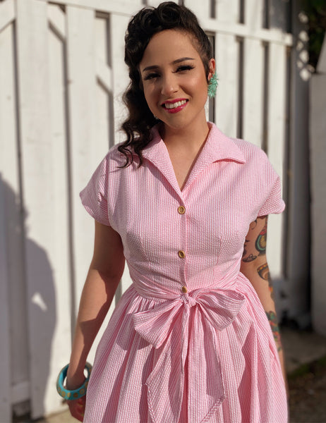 FINAL SALE - Scout for Loco Lindo 1940s Style Pink Seersucker Willow Dress