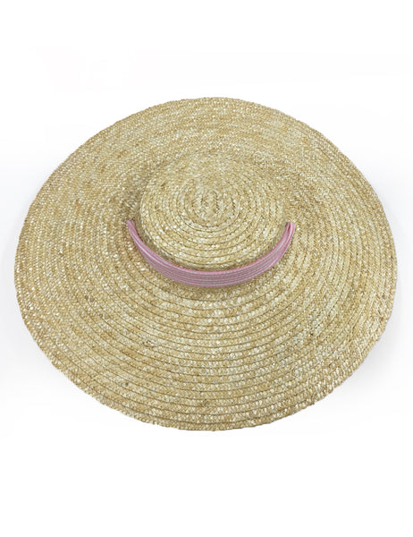 Pink Seersucker Vintage Style Woven Large Brim Straw Hat