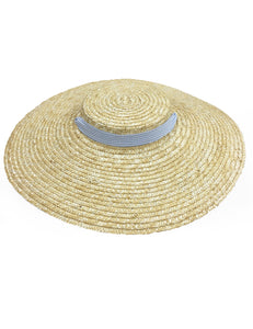 Blue Seersucker Vintage Style Woven Large Brim Straw Hat