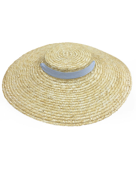 Blue Seersucker Vintage Style Woven Large Brim Straw Hat