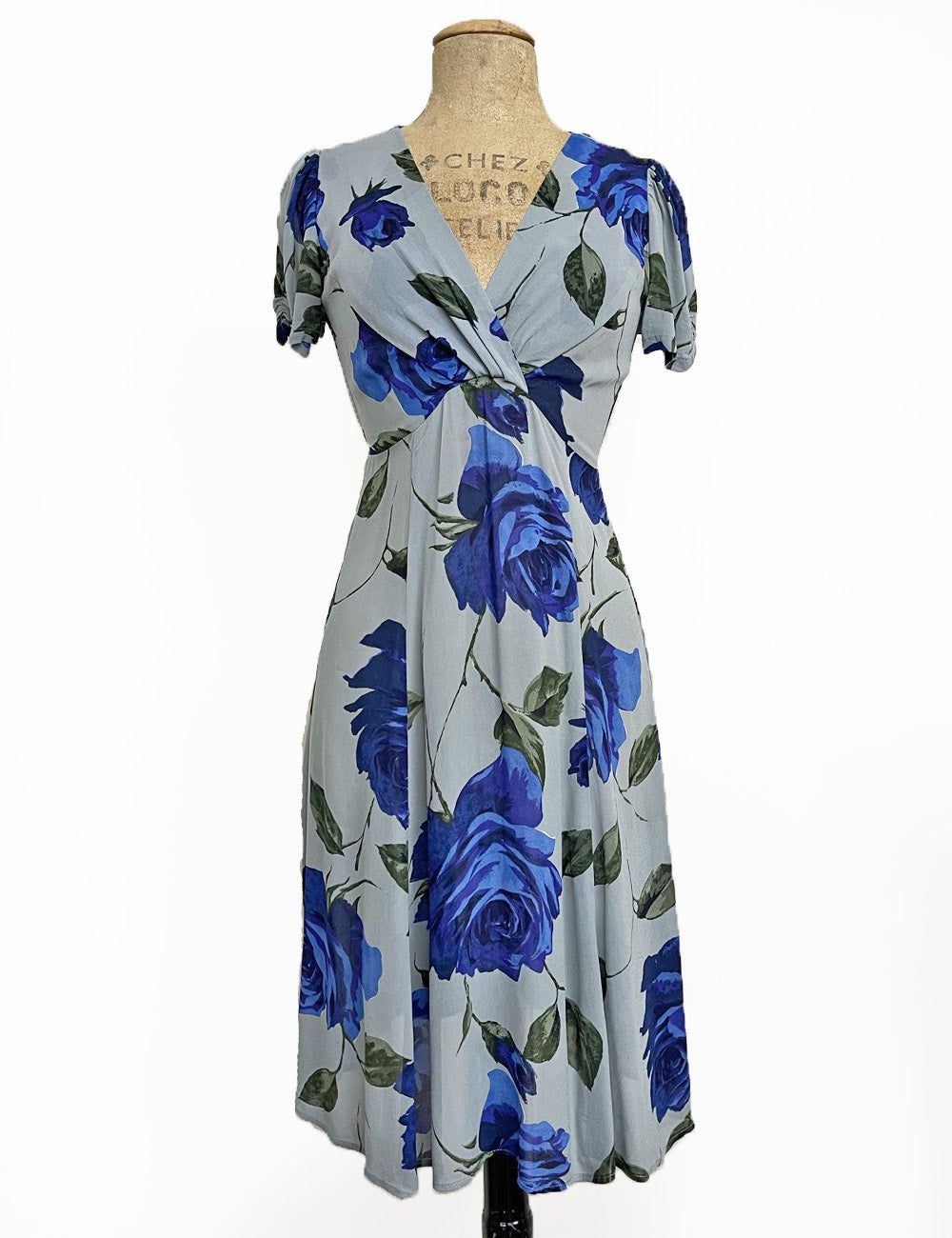 Sheer Blue Floral Vintage Inspired Knee Length Rita Dress