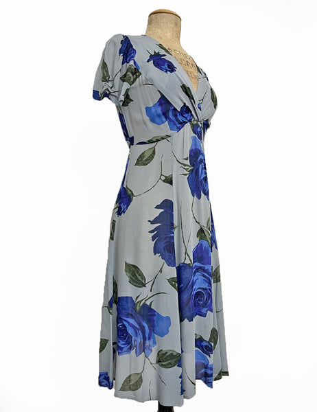 Sheer Blue Floral Vintage Inspired Knee Length Rita Dress
