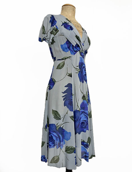 FINAL SALE - Sheer Blue Floral Vintage Inspired Knee Length Rita Dress
