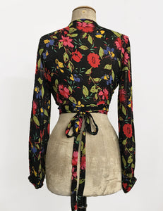 Sheer Black & Colorful Floral Balloon Sleeve Babaloo Crop Wrap Top