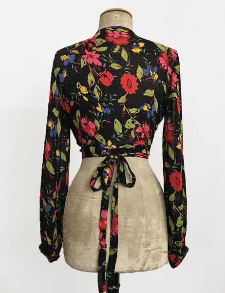 Sheer Black & Colorful Floral Balloon Sleeve Babaloo Crop Wrap Top