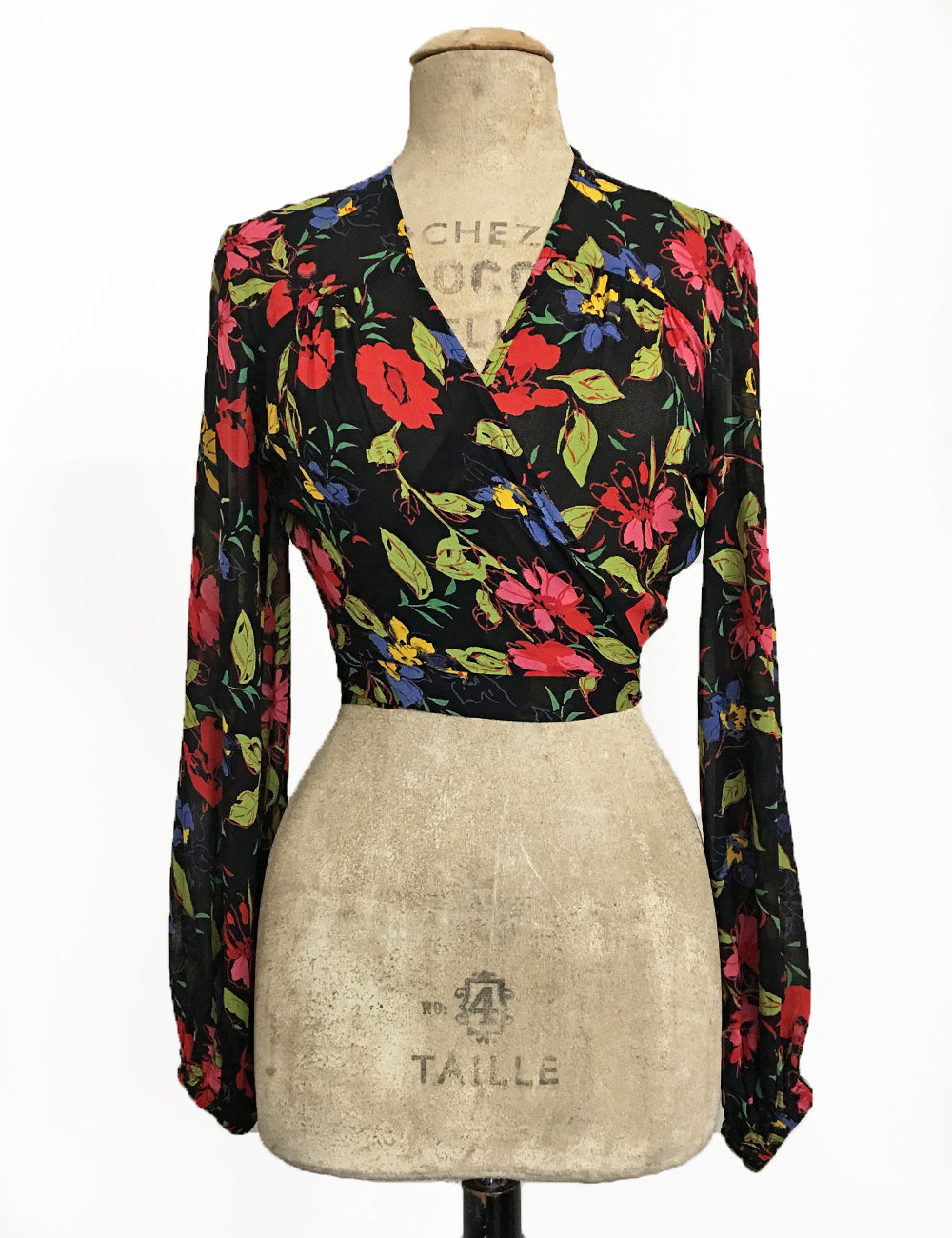 Sheer Black & Colorful Floral Balloon Sleeve Babaloo Crop Wrap Top