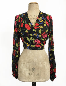 Sheer Black & Colorful Floral Balloon Sleeve Babaloo Crop Wrap Top