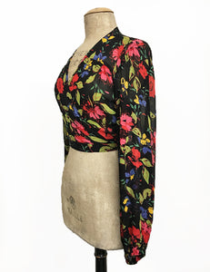 Sheer Black & Colorful Floral Balloon Sleeve Babaloo Crop Wrap Top