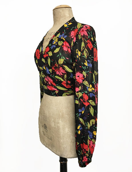 Sheer Black & Colorful Floral Balloon Sleeve Babaloo Crop Wrap Top