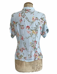FINAL SALE - Sheer Pale Blue Floral Vintage Style Amanda Tie Blouse