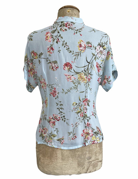 FINAL SALE - Sheer Pale Blue Floral Vintage Style Amanda Tie Blouse