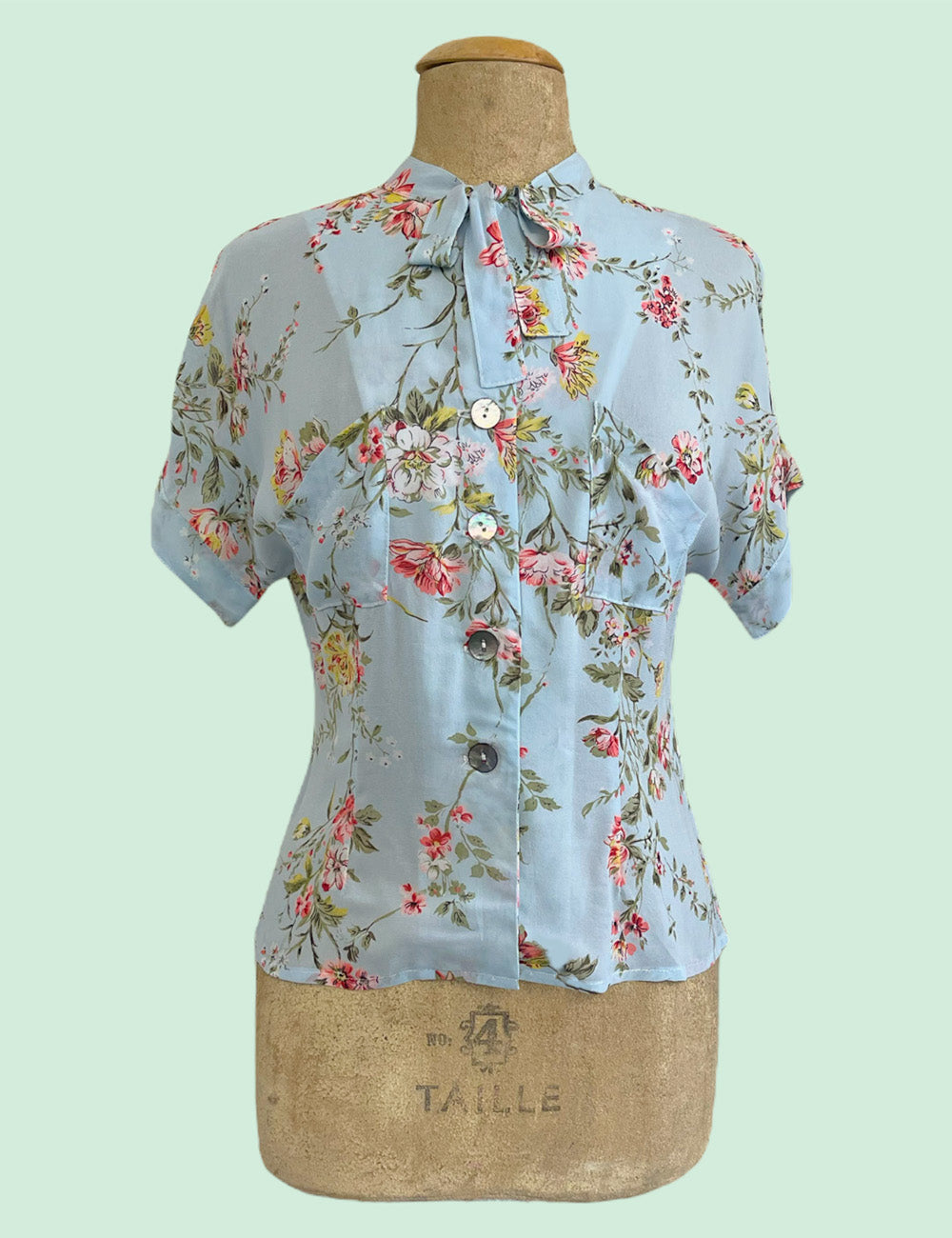 FINAL SALE - Sheer Pale Blue Floral Vintage Style Amanda Tie Blouse