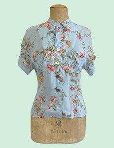 FINAL SALE - Sheer Pale Blue Floral Vintage Style Amanda Tie Blouse