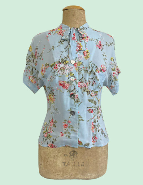 FINAL SALE - Sheer Pale Blue Floral Vintage Style Amanda Tie Blouse