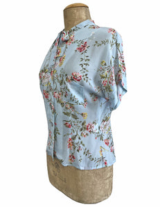 FINAL SALE - Sheer Pale Blue Floral Vintage Style Amanda Tie Blouse
