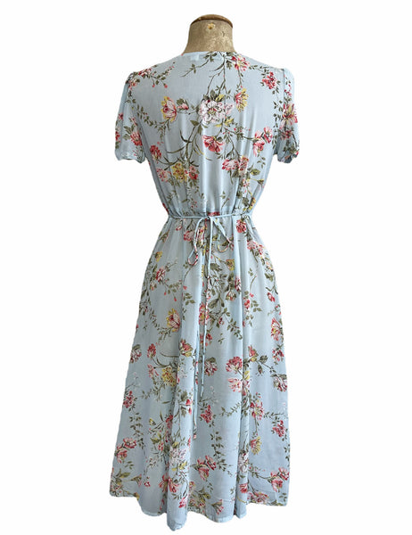 Sheer Pale Blue Floral Retro Rita Knee Length Dress