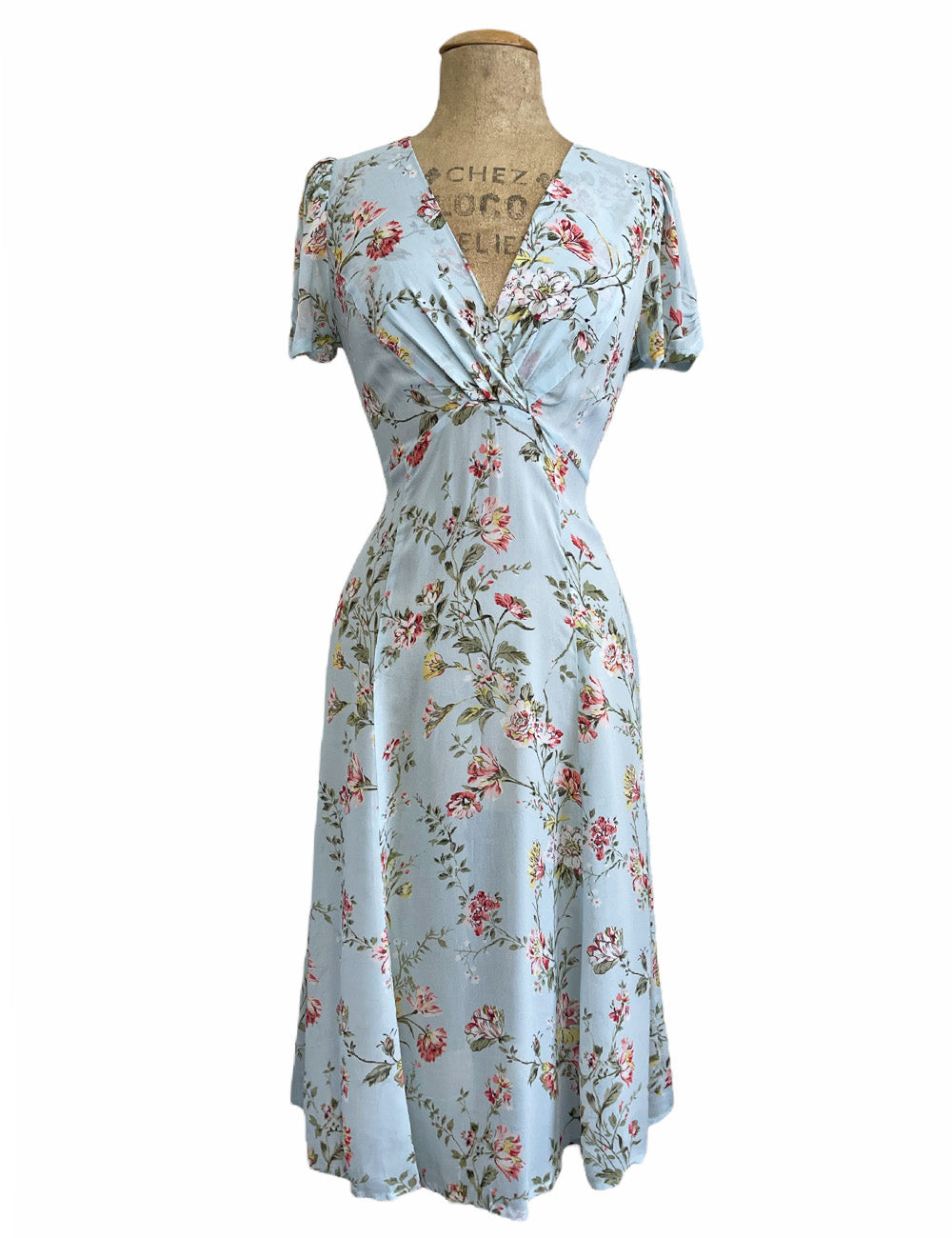 Sheer Pale Blue Floral Retro Rita Knee Length Dress