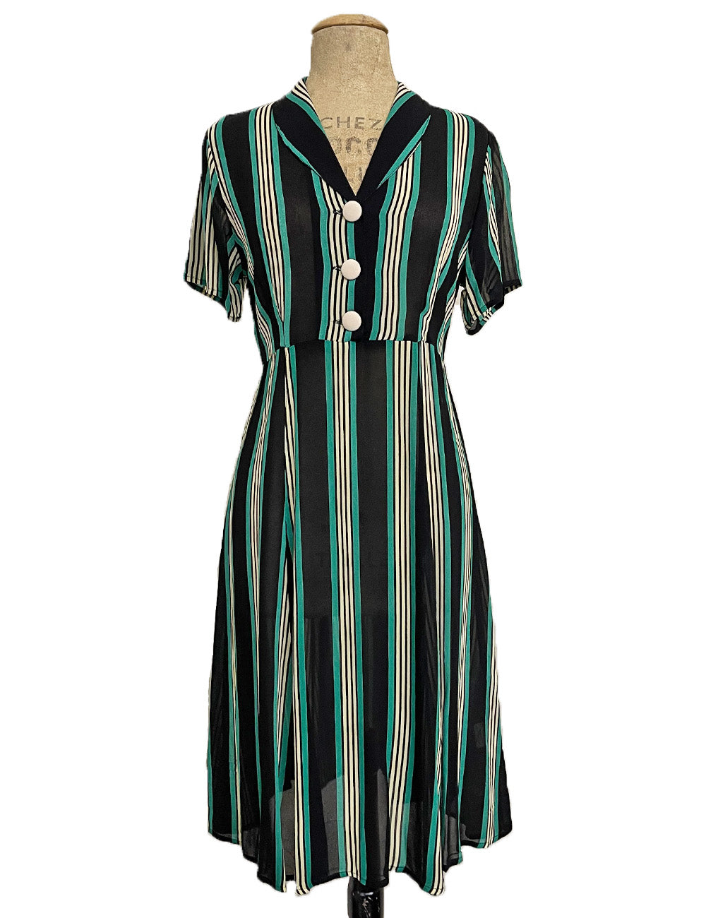 Sheer Black & Green Stripe 1940s Vintage Inpsired Day Dress