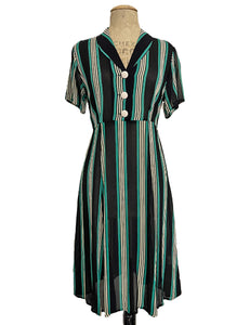 Sheer Black & Green Stripe 1940s Vintage Inpsired Day Dress