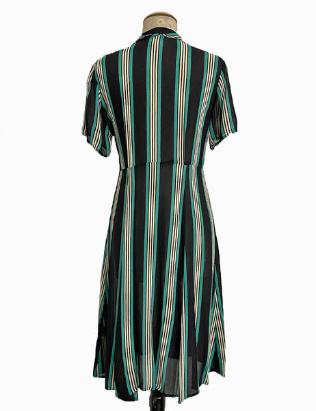 Sheer Black & Green Stripe 1940s Vintage Inpsired Day Dress
