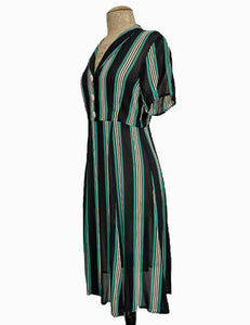 Sheer Black & Green Stripe 1940s Vintage Inpsired Day Dress