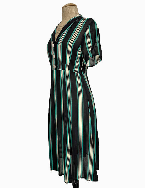 Sheer Black & Green Stripe 1940s Vintage Inpsired Day Dress